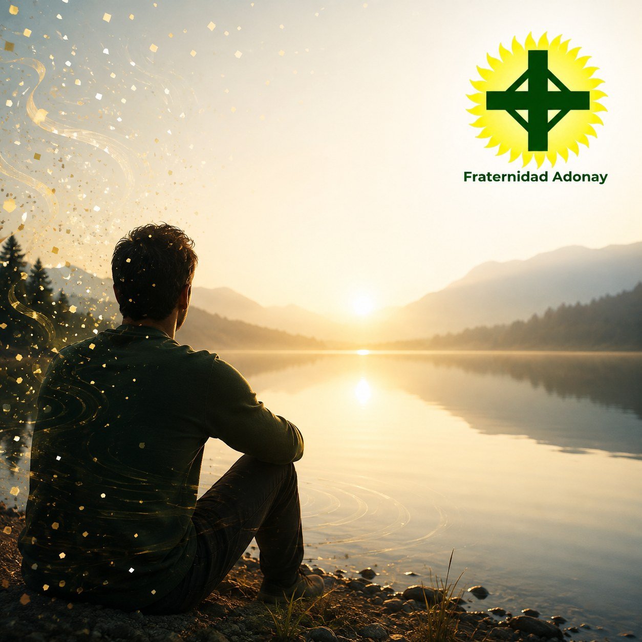 Persona contemplando un lago al amanecer