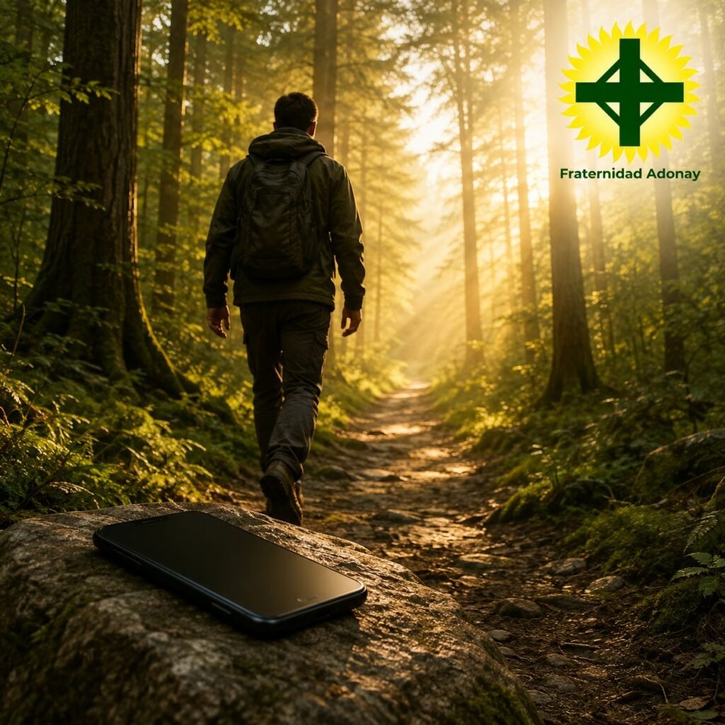 Persona recorriendo un sendero y dejando el teléfono atrás